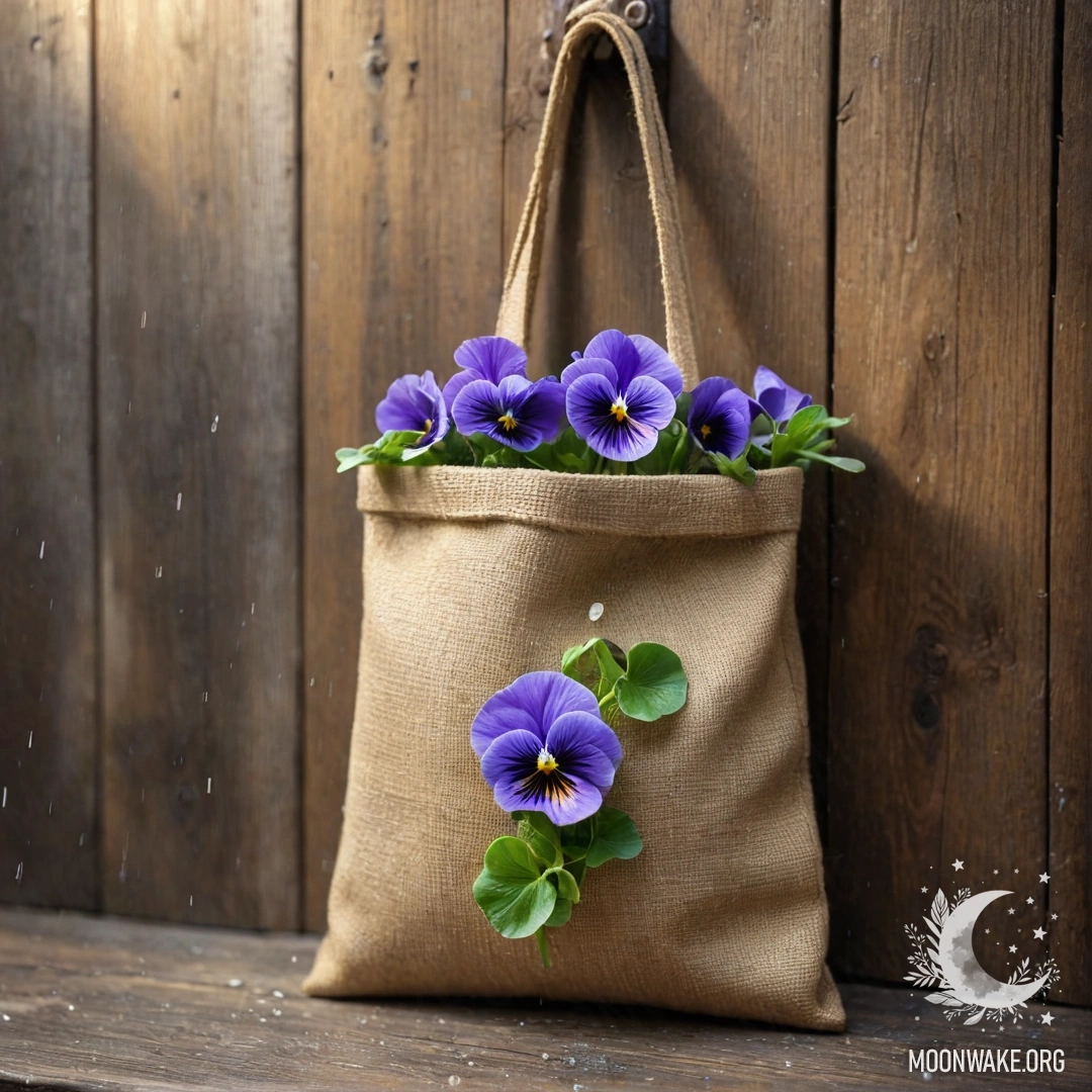 Маленький мешочек из мешковины с фиалками, висящий на обшарпанной деревянной стене, с каплями дождя на цветах.