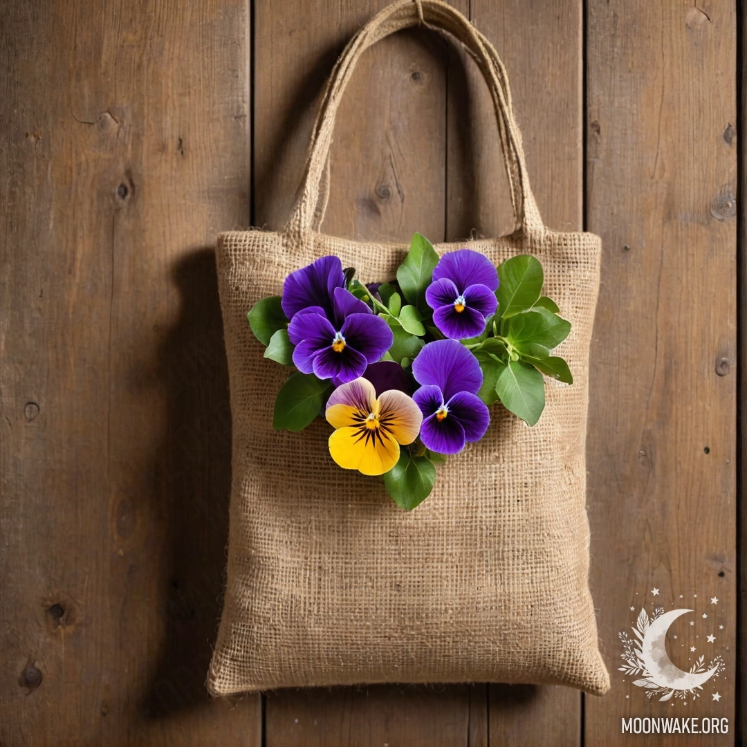 На ветхой деревянной стене висит мешочек из брезента с фиалками.