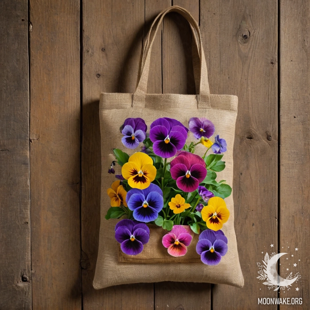 Мешочек из брезента, висящий на потрёпанной деревянной стене, наполненный фиалками.