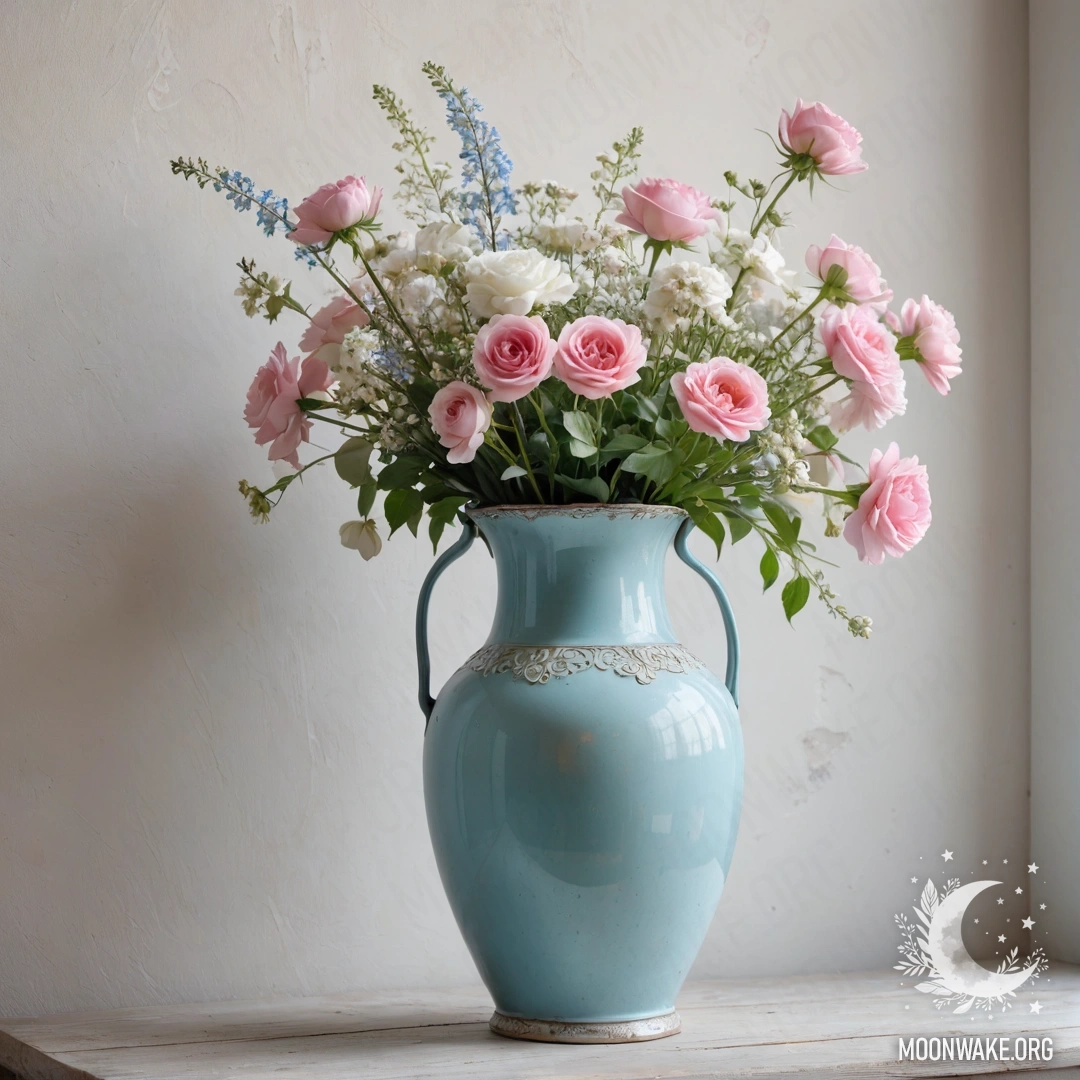 Мешочек из грубой ткани, висящий на потрёпанной деревянной стене, наполнен анютиными глазками, освещёнными солнечными лучами.