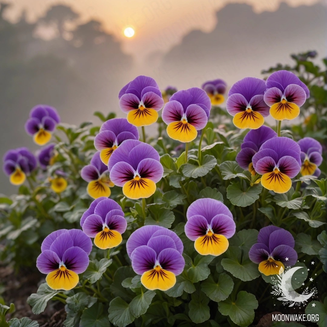 Прекрасные анютины глазки в туманном пейзаже на закате.