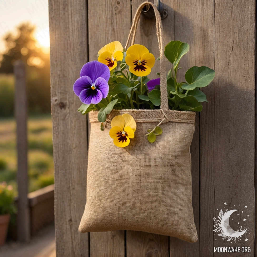 Маленькая мешочка из мешковины, наполненная анютиным глазками, висит на потертой деревянной стене на закате.