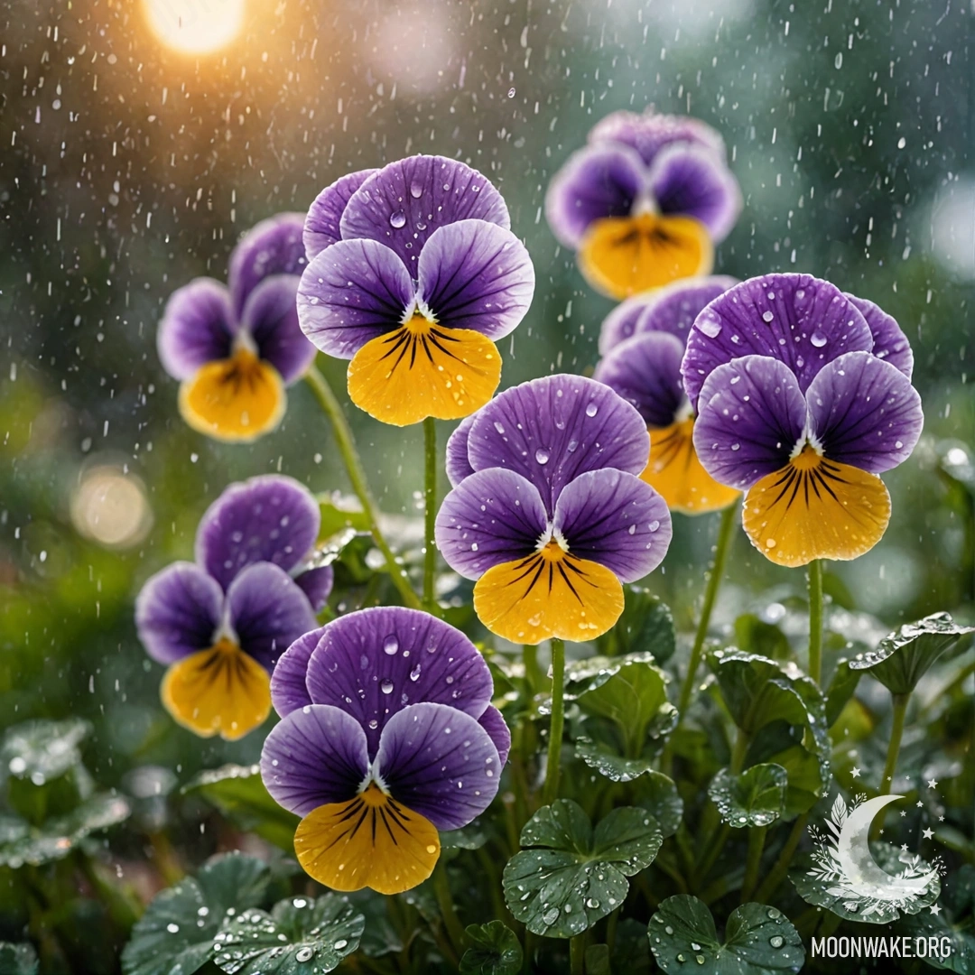 Акварельная живопись фиалок зеленого цвета, промокших под дождем на закате, с блеском.