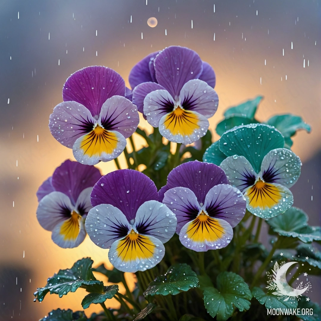 Красивые анютины глазки цвета мяты под дождем на закате, сверкающие блестками.