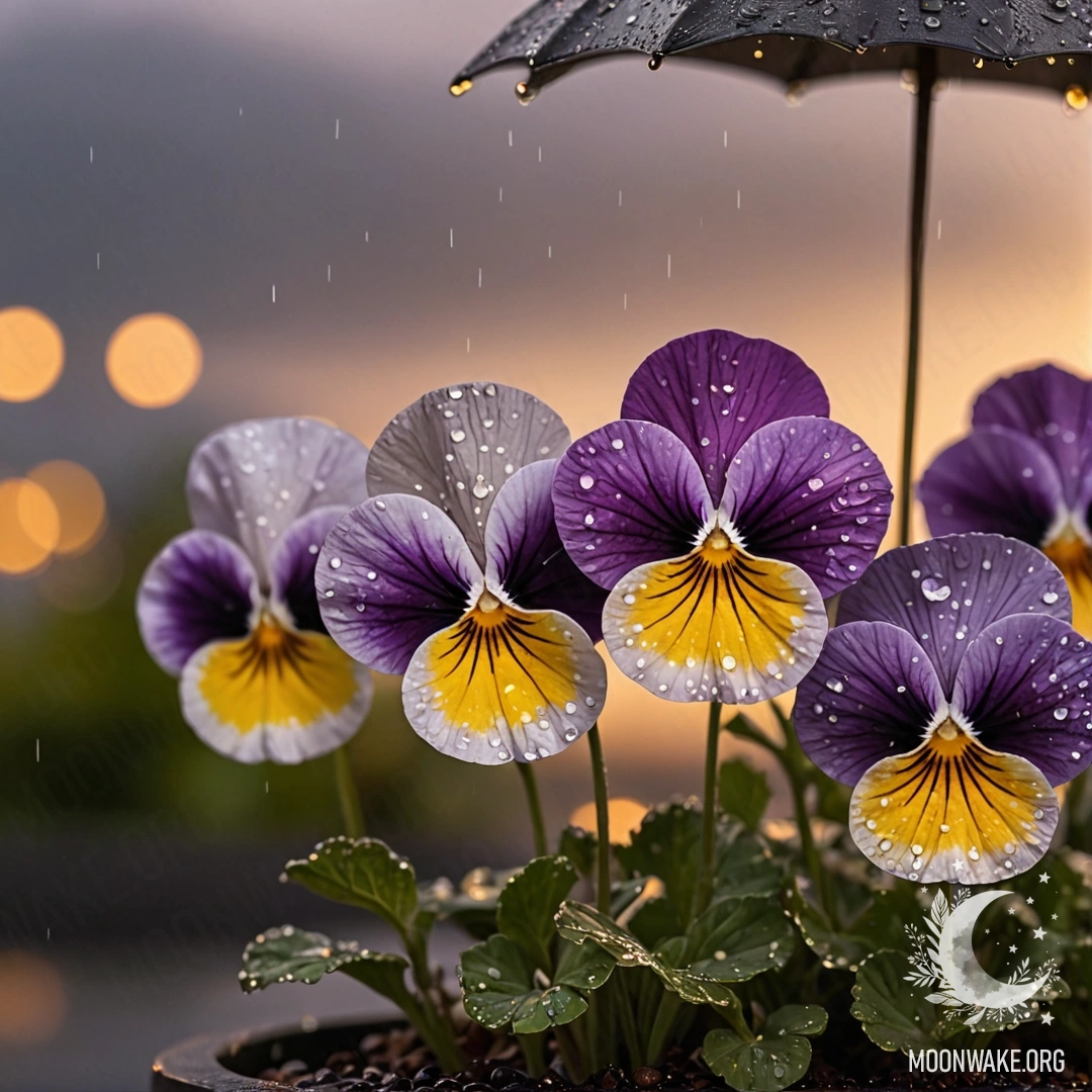 Спокойная картина настурций, украшенных каплями дождя под закатным небом.