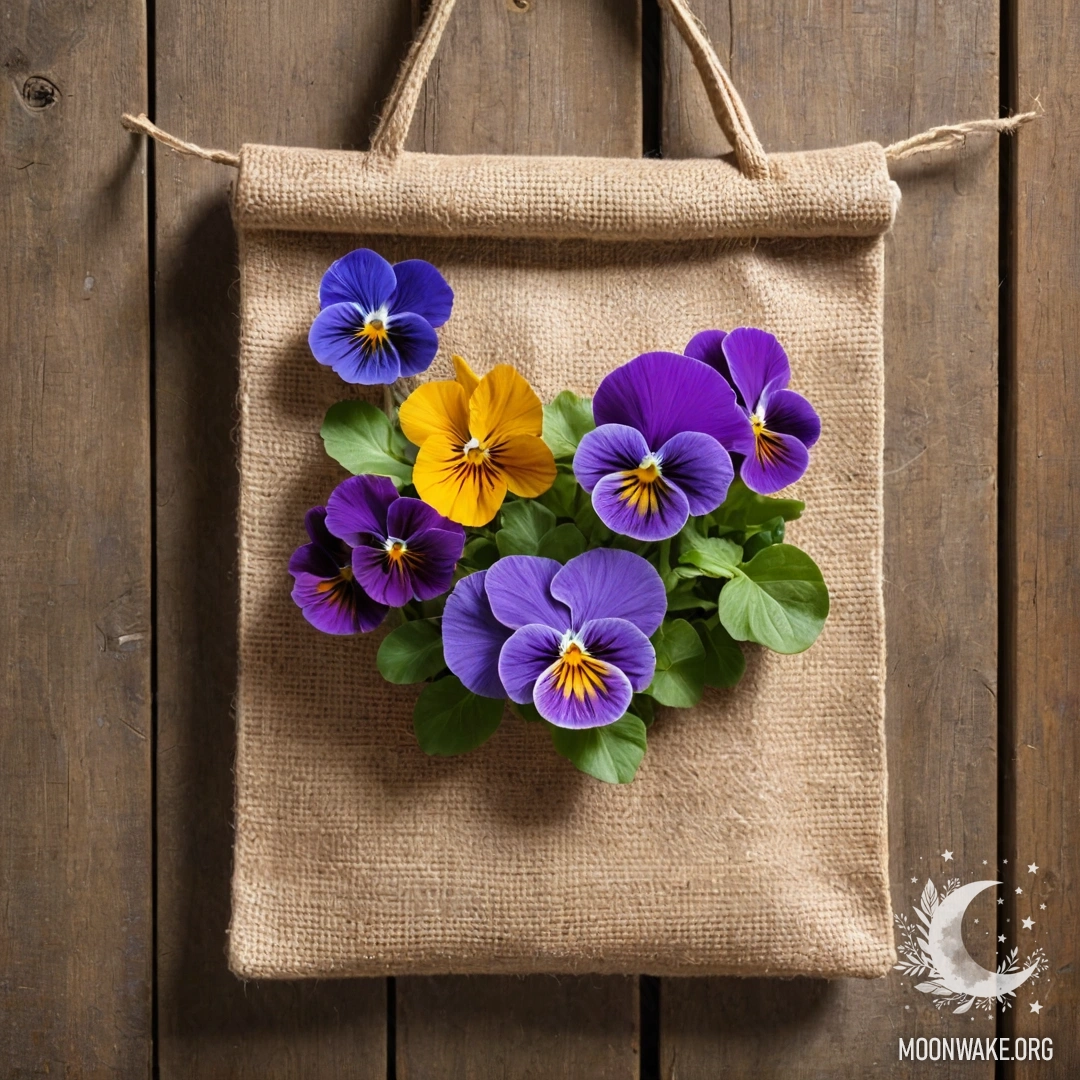 Маленькая холщовая сумка, на которой висят анютины глазки, на обветренной деревянной стене.