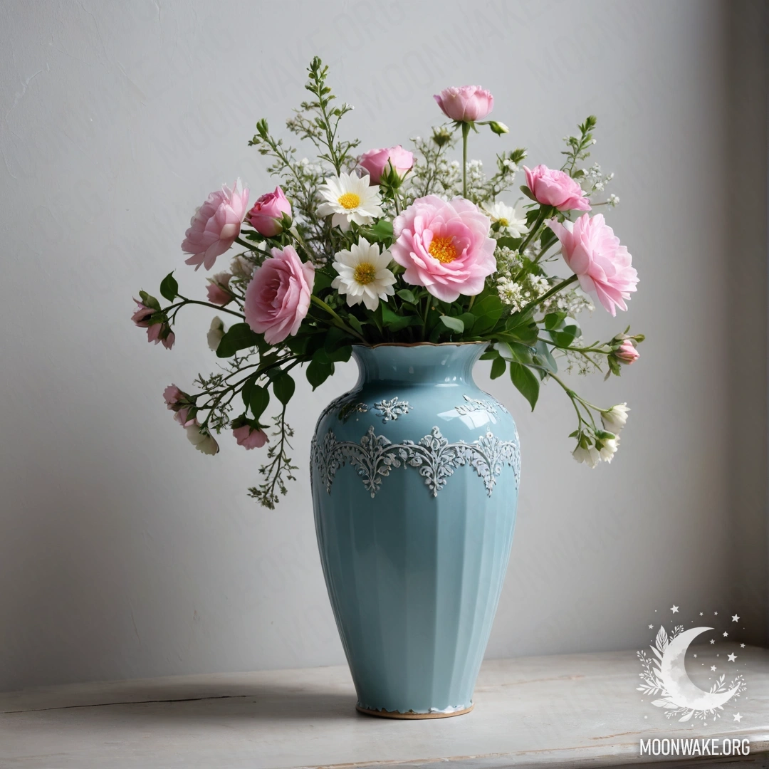 Старая пастельная синяя ваза, наполненная белыми и розовыми цветами на фоне белой стены ночью.