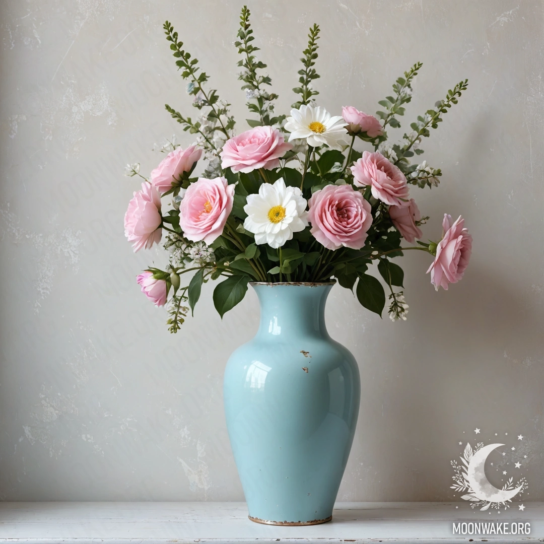 Пастельная голубая ваза с белыми и розовыми цветами на фоне старой белой стены.