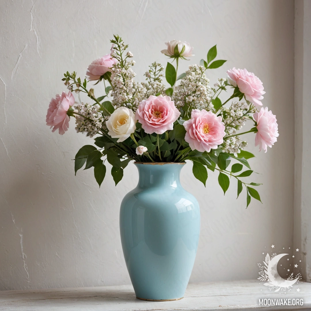 Старая пастельная синяя ваза с белыми и розовыми цветами на фоне потертой белой стены, украшенной гирляндами света.