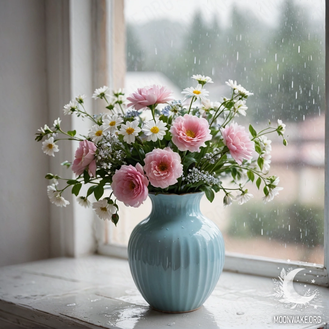 Старая пастельная синяя ваза с белыми и розовыми цветами на фоне белой стены, покрытой каплями дождя.