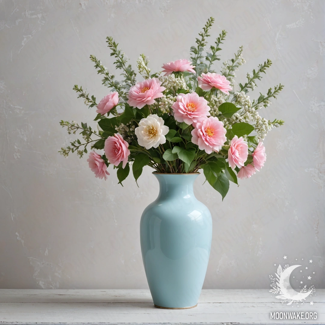 Старая пастельная голубая ваза, заполненная белыми и розовыми цветами на фоне потертой белой стены, украшенной гирляндой из огней.