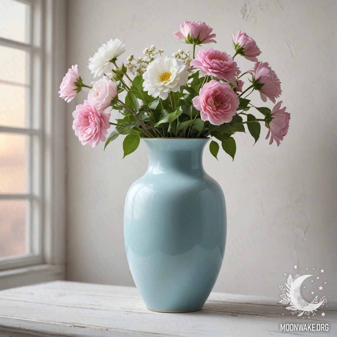 Поношенная пастельная синяя ваза с белыми и розовыми цветами на фоне поношенной белой стены на закате.