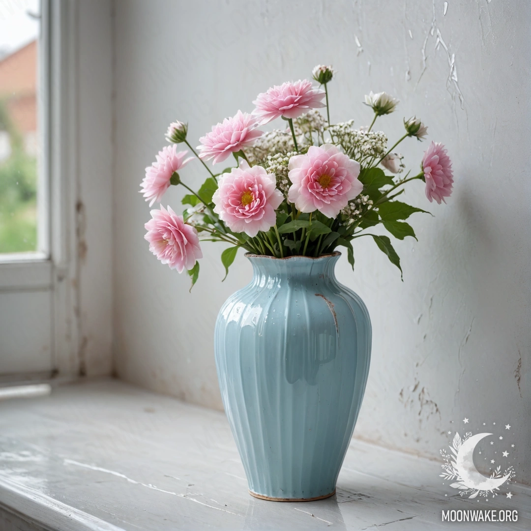 Старая голубая ваза с белыми и розовыми цветами на фоне белой стены под дождем.