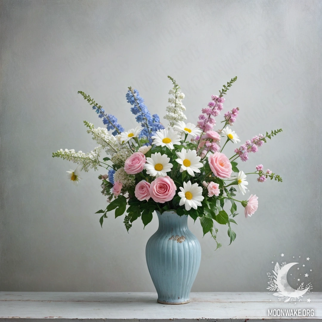 Потрёпанная металлическая пастельная синяя ваза с белыми и розовыми цветами на фоне белой стены, окружённая густым туманом.