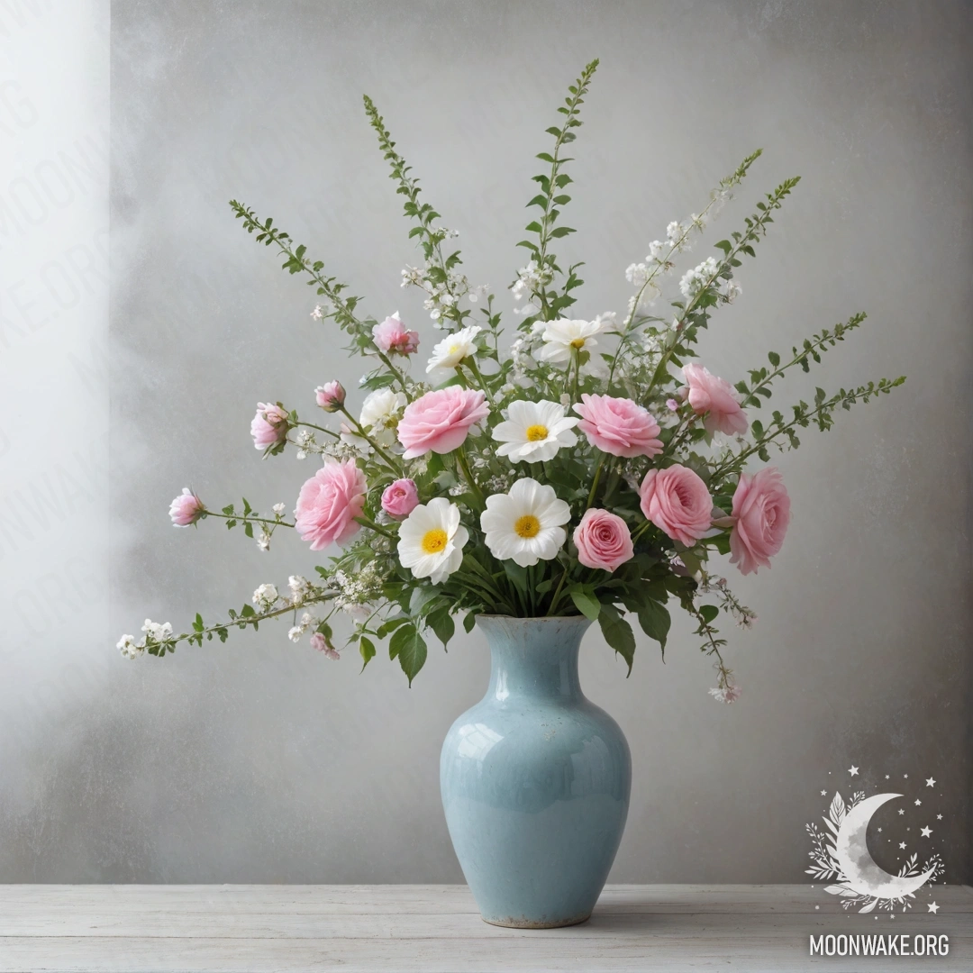 Потёртая пастельная голубая ваза, наполненная белыми и розовыми цветами, на фоне потрескавшейся белой стены, окружённая густым туманом.