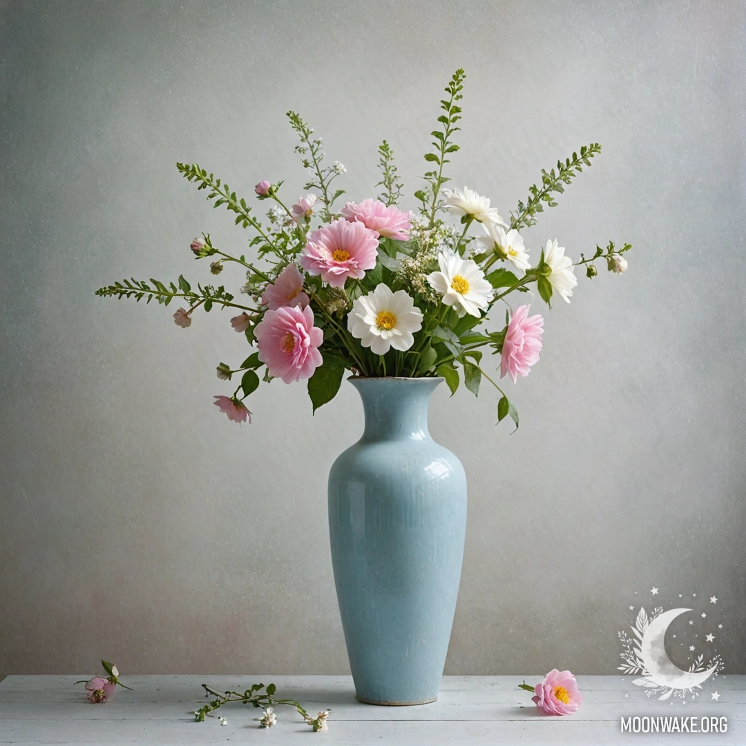 Старый пастельный голубой вазон с белыми и розовыми цветами на изношенной белой стене, окутанной густым туманом.