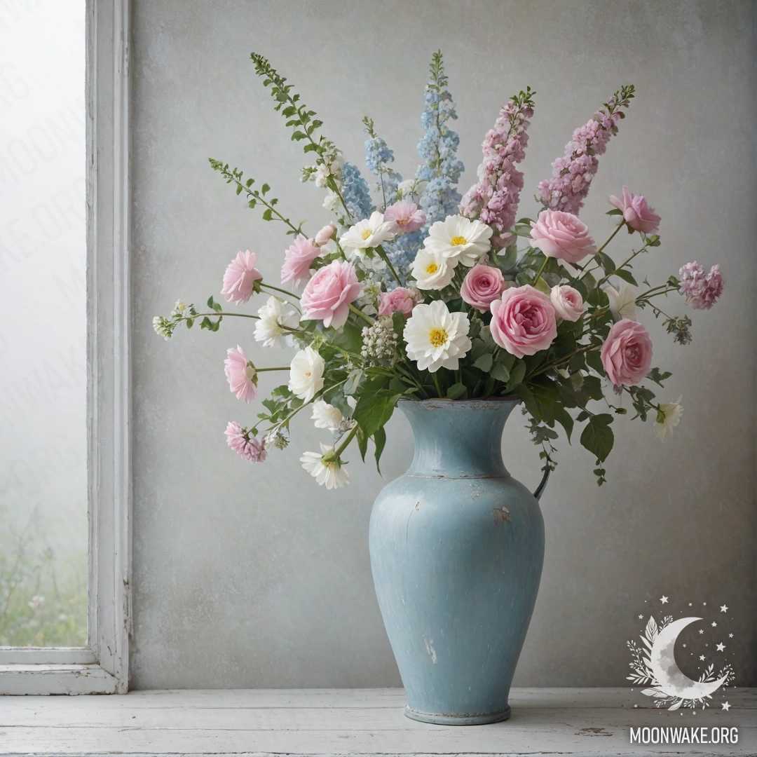 Старая пастельная синяя ваза, заполненная белыми и розовыми цветами на фоне белой стены, окутанной густым туманом.