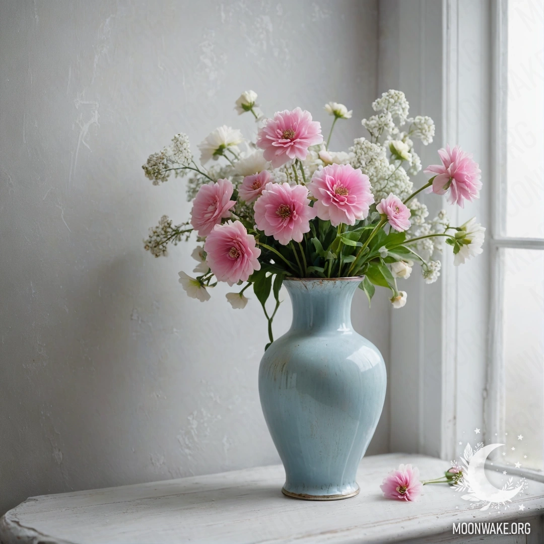 Старомодная пастельная синяя ваза с белыми и розовыми цветами на фоне белой стены, окутанной густым туманом.