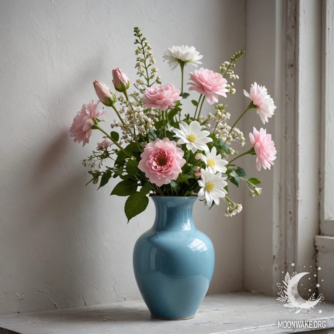 Старая металлическая пастельная синяя ваза с белыми и розовыми цветами на фоне потертой белой стены ночью.