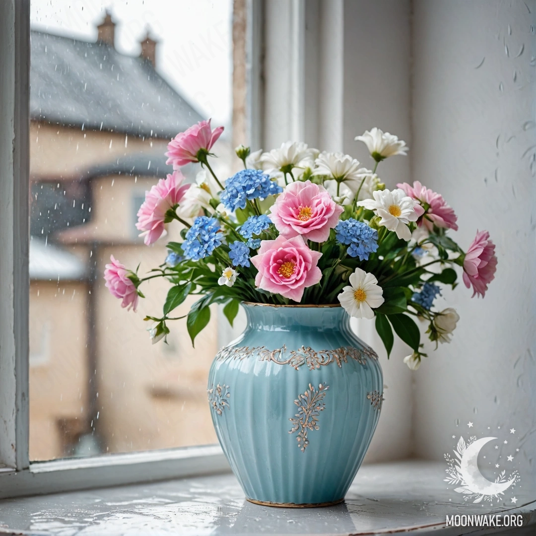 Старая пастельная голубая металлическая ваза с белыми и розовыми цветами на фоне белой стены, окруженная каплями дождя.