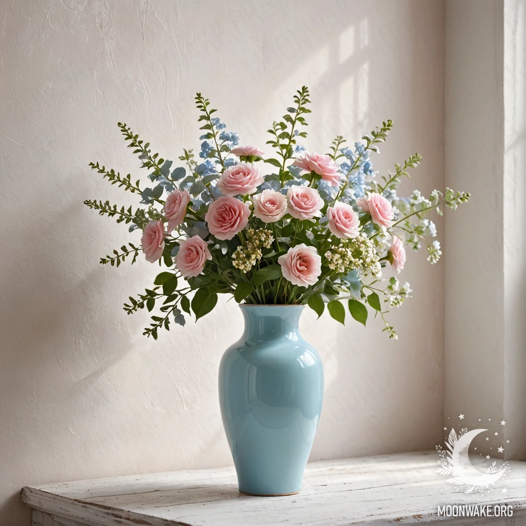 Потрепанная пастельная голубая ваза с белыми и розовыми цветами на фоне старой белой стены на закате.