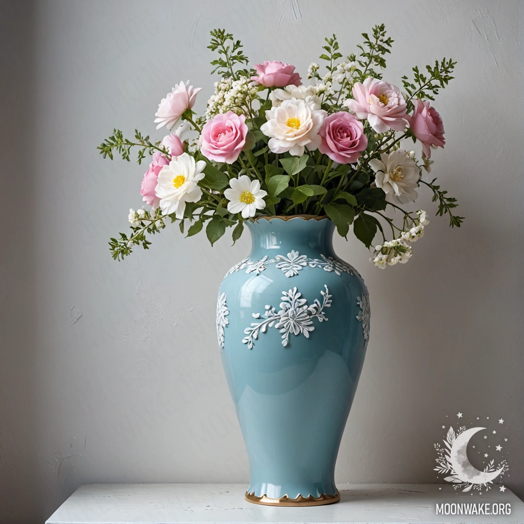 Старая пастельная синяя ваза с белыми и розовыми цветами на изношенной белой стене ночью.