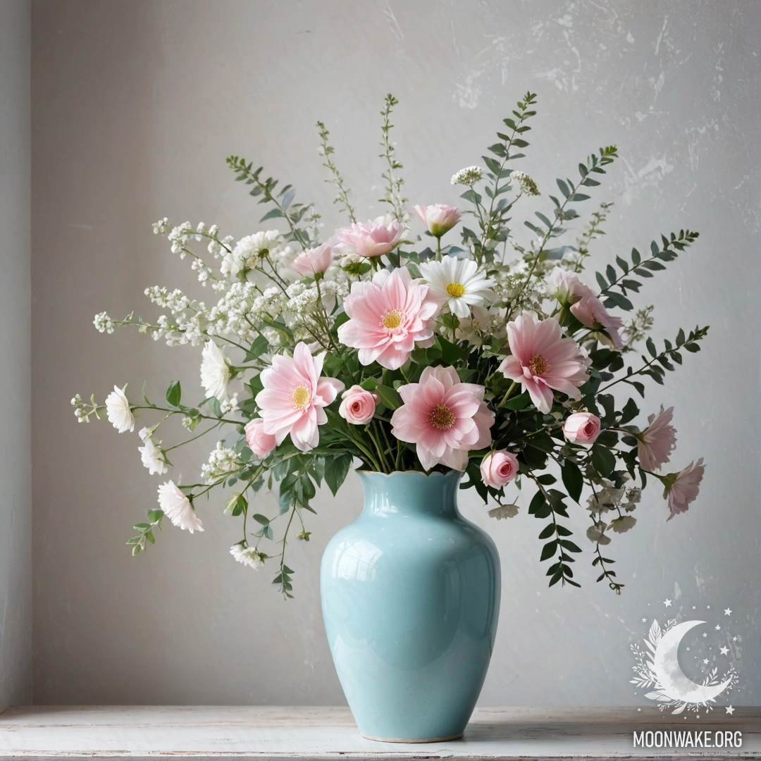 Старая пастельно-голубая металлическая ваза с белыми и розовыми цветами на фоне старой белой стены, освещенной гирляндой светов.