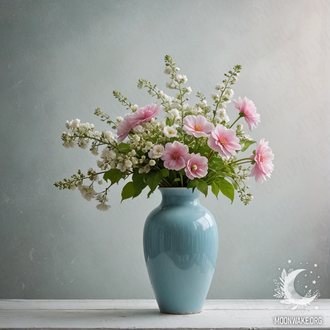 Потертую пастельно-голубую вазу с белыми и розовыми цветами на фоне запотевшей белой стены.