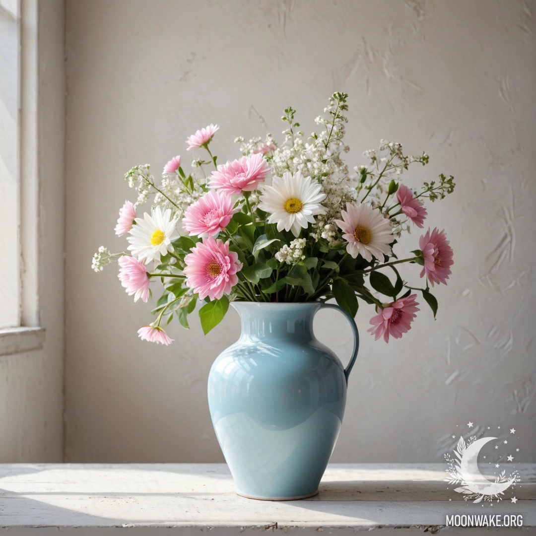 Старая пастельная голубая металлическая ваза с белыми и розовыми цветами на фоне выцветшей белой стены, залитой солнечными лучами.