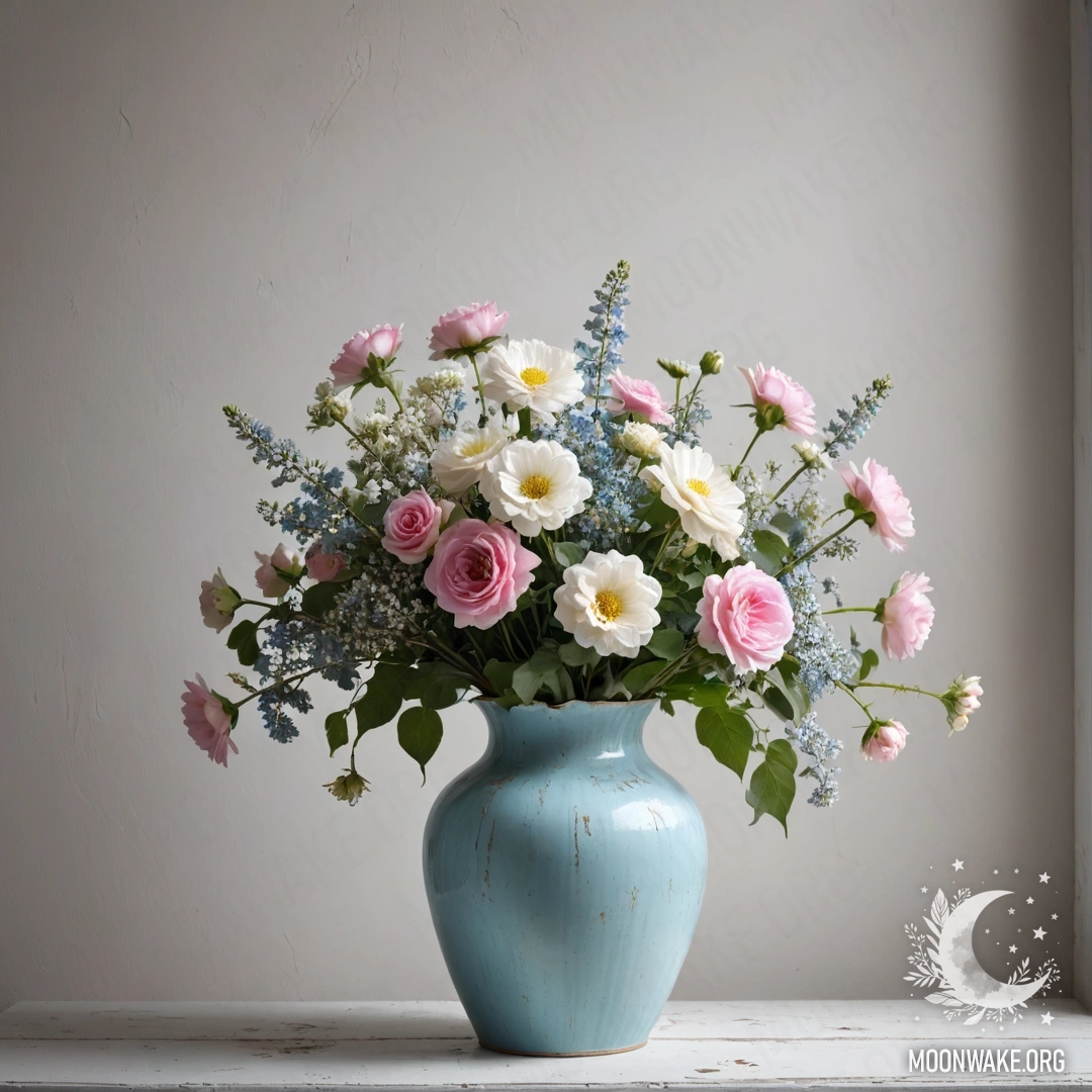 Старомодная пастельная синяя ваза с белыми и розовыми цветами на фоне старой белой стены ночью.