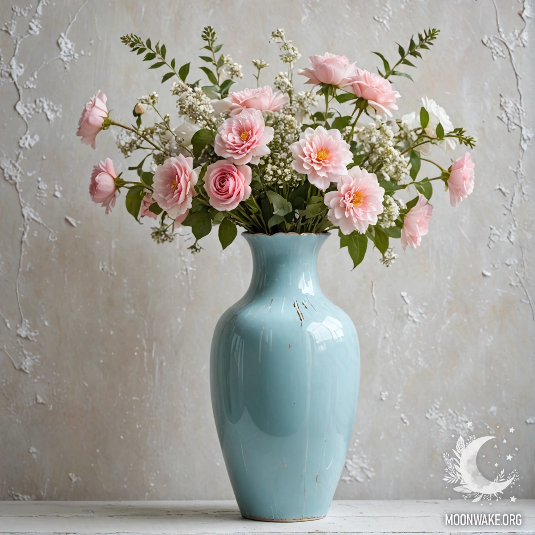 Старая пастельная синяя ваза с белыми и розовыми цветами на фоне белой стены, освещенной гирляндой.