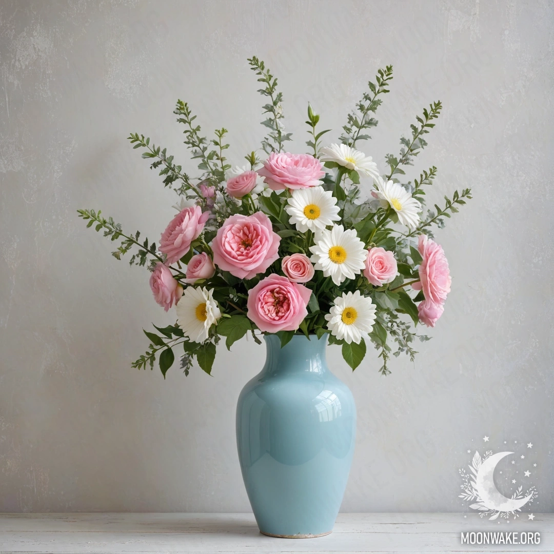 Старая пастельная голубая ваза с белыми и розовыми цветами на фоне выцветшей белой стены с гирляндами света.