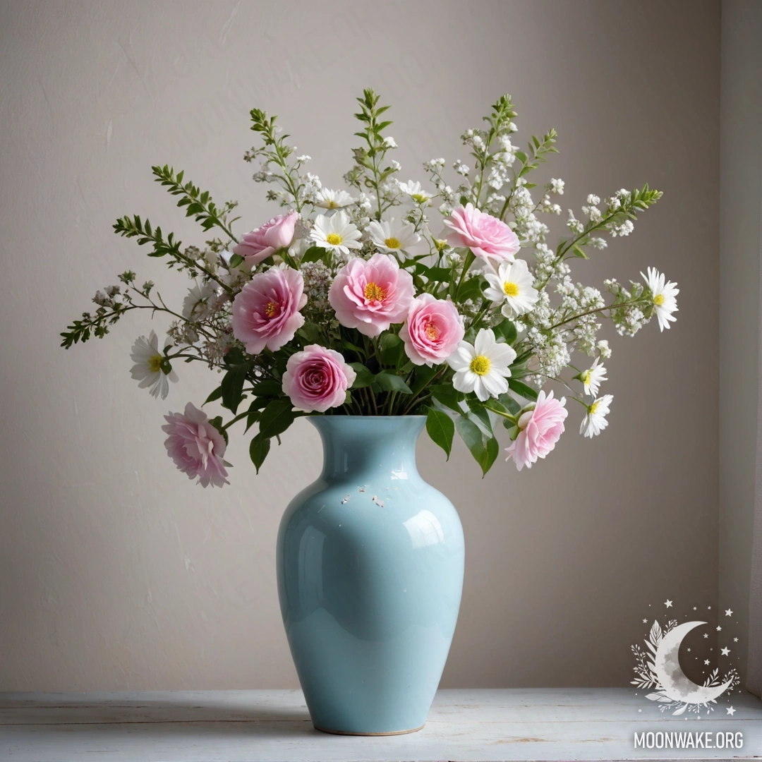 Поношенная пастельная голубая металлическая ваза с белыми и розовыми цветами на фоне поношенной белой стены ночью.