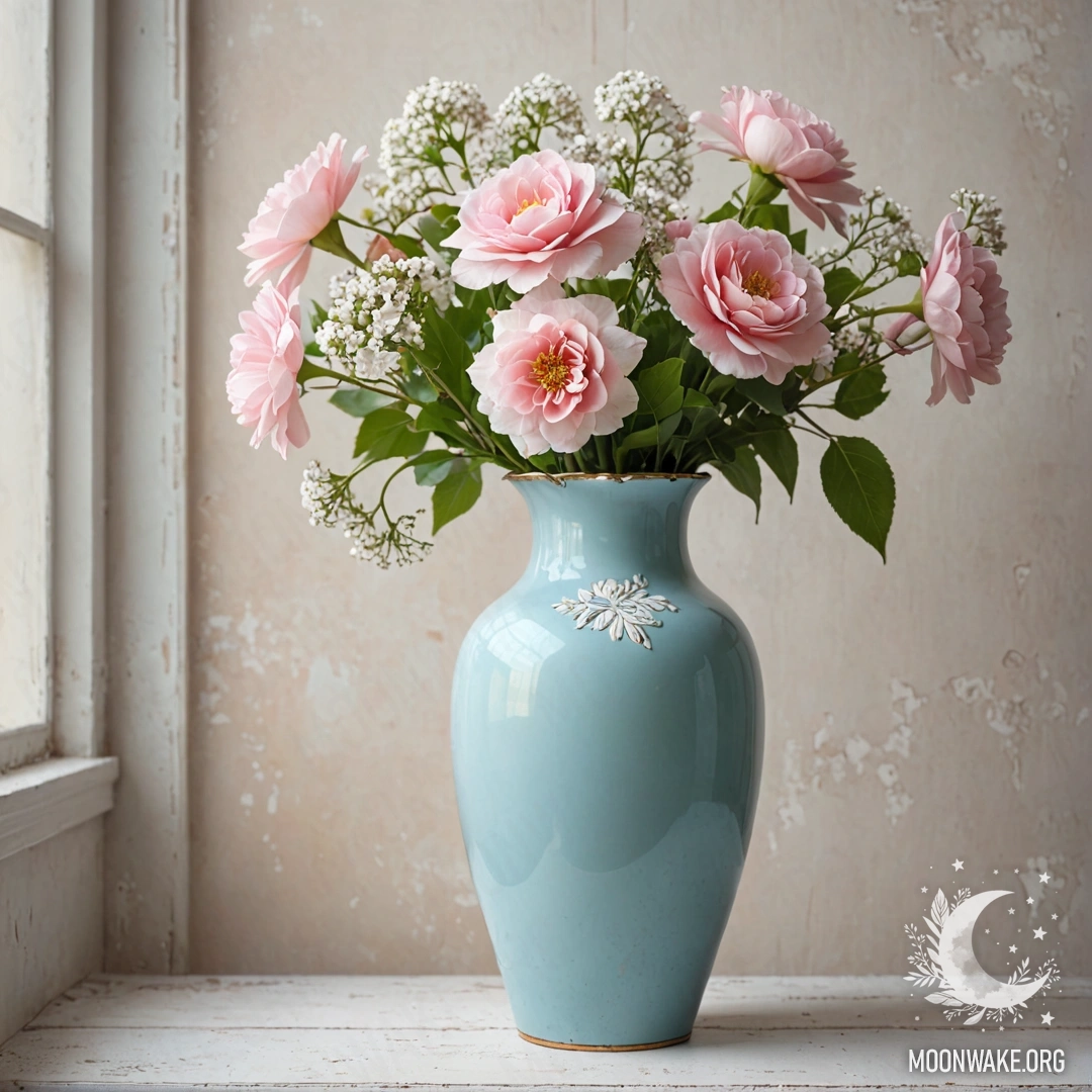 Потертой пастельно-голубая ваза, наполненная белыми и розовыми цветами, на фоне белой стены при закате.