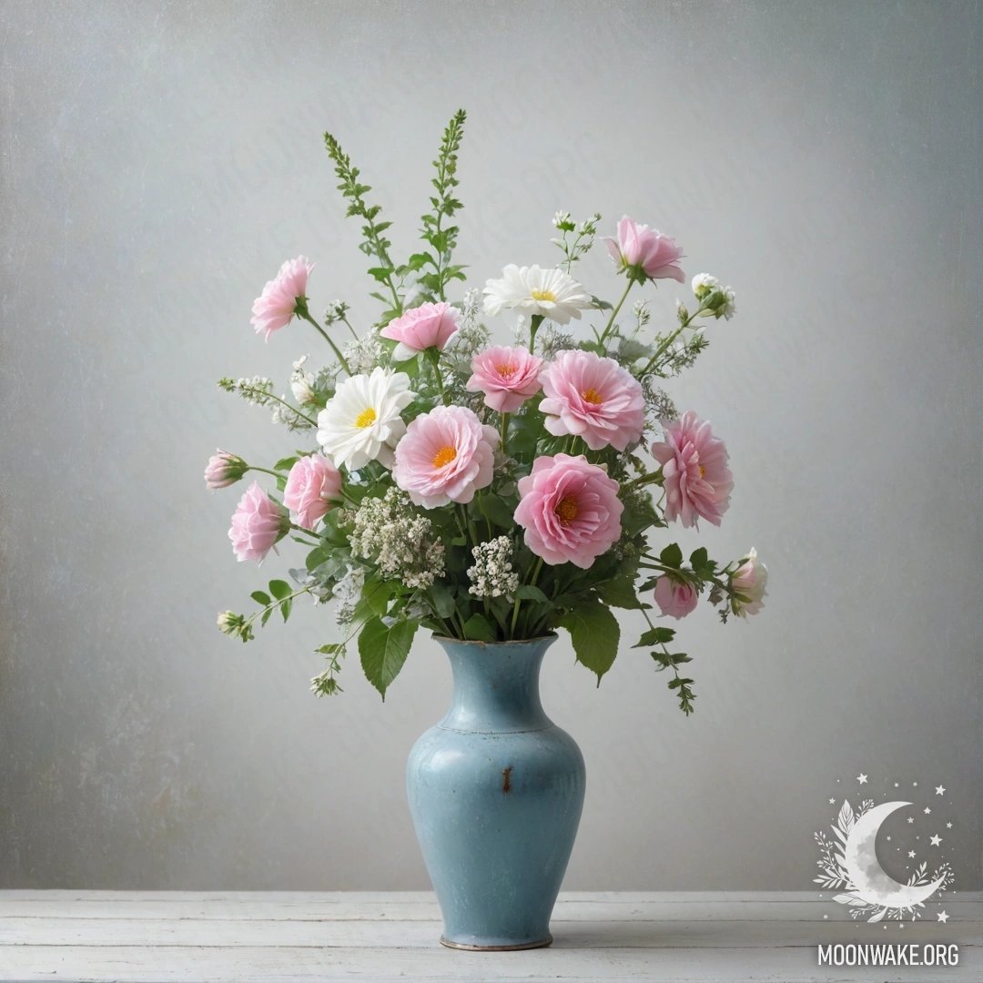 Потрепанный пастельный синий вазон с белыми и розовыми цветами на фоне белой стены, окутанной густым туманом.