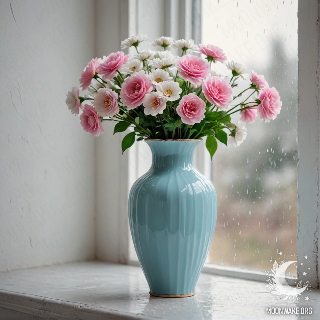 Потёртая пастельная голубая ваза с белыми и розовыми цветами на фоне изношенной белой стены, капли дождя сверкают на поверхности.