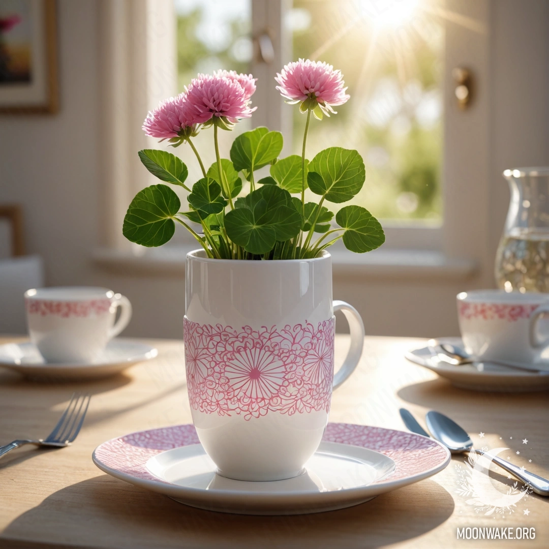 Старомодная пастельная синяя ваза украшена белыми и розовыми цветами на обветшавшей белой стене, освещенной гирляндой огней.