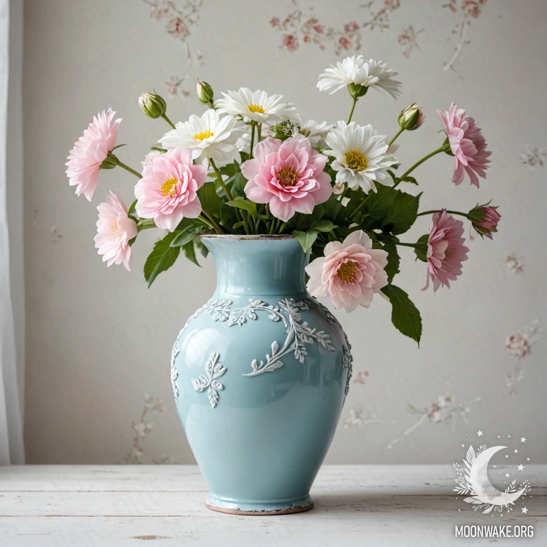 Старомодная пастельно-голубая металлическая ваза с белыми и розовыми цветами на фоне белой стены.