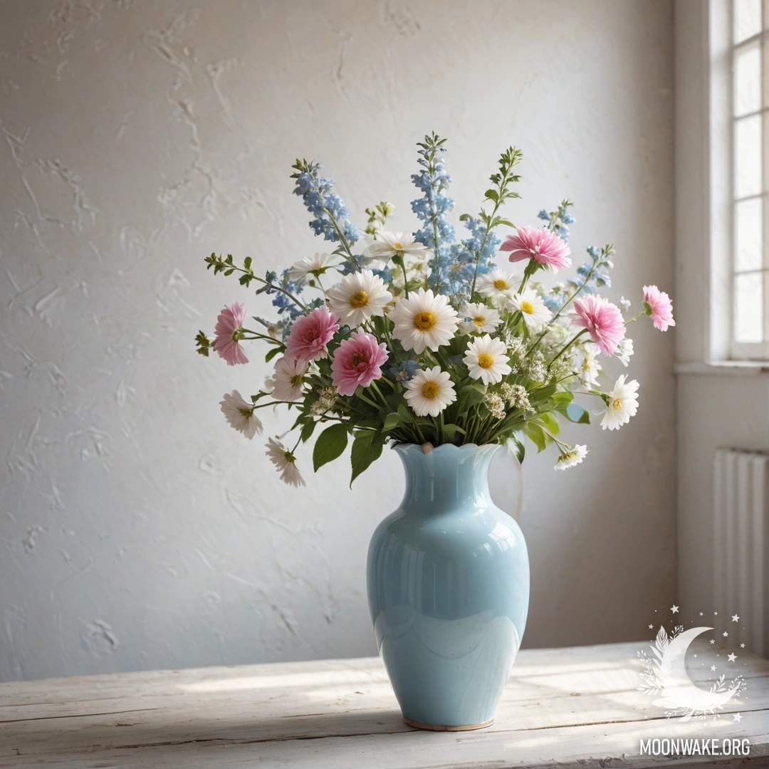 Старинная пастельная синяя ваза с белыми и розовыми цветами на фоне белой стены, залитой солнечными лучами.