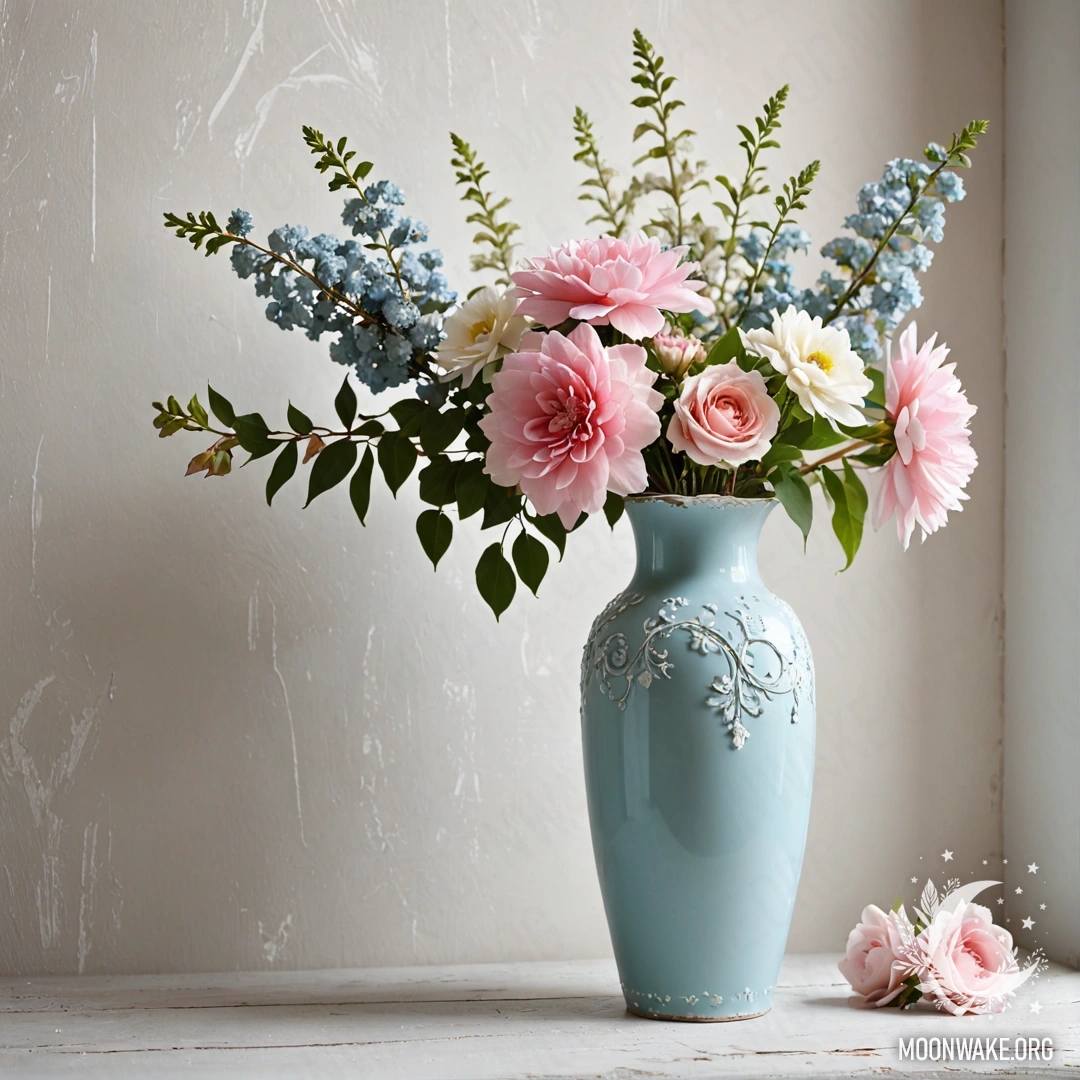 Старая пастельная голубая ваза, наполненная белыми и розовыми цветами, на фоне поношенной белой стены с гирляндой огней.
