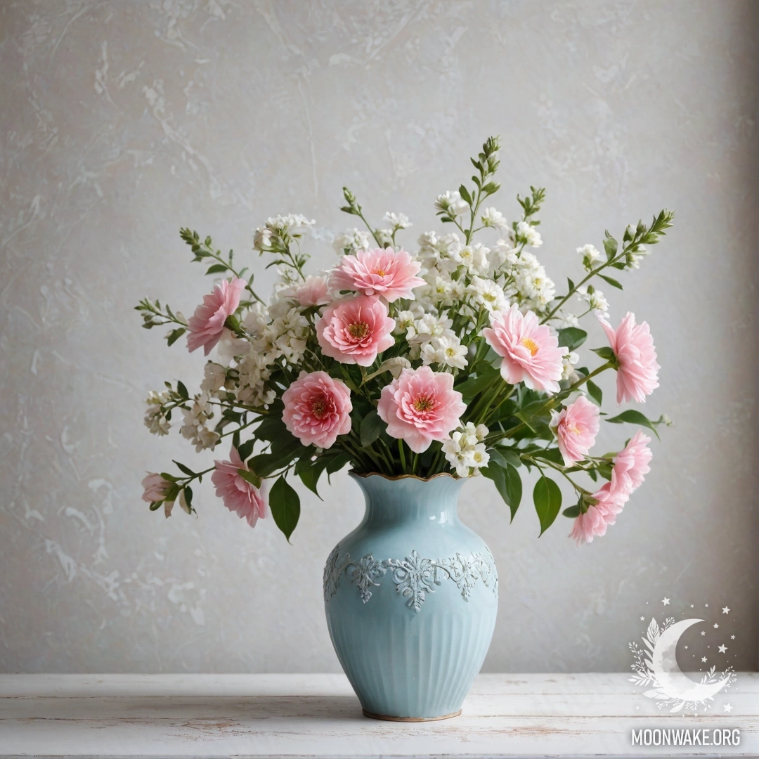 Потертая пастельная синяя ваза, наполненная белыми и розовыми цветами на фоне потрескавшейся белой стены.