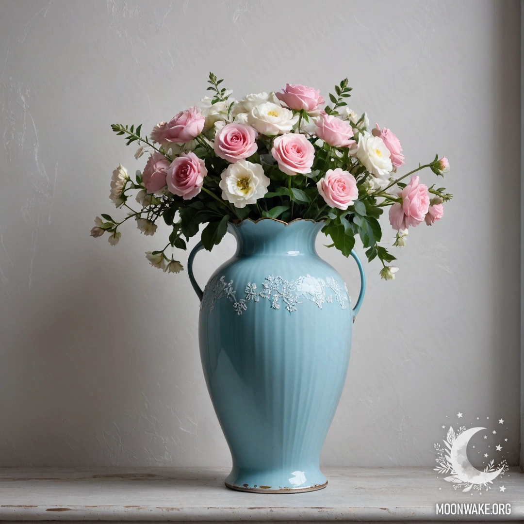 Обветшалая пастельная голубая ваза с белыми и розовыми цветами на обветшалой белой стене, освещенная ночью.
