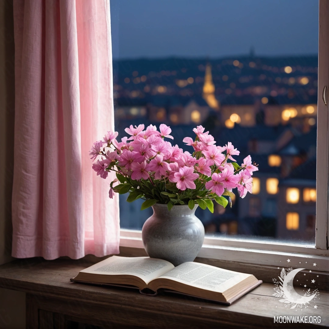 Старая металическая пастельно-голубая ваза с белыми и розовыми цветами на фоне обшарпанной белой стены.