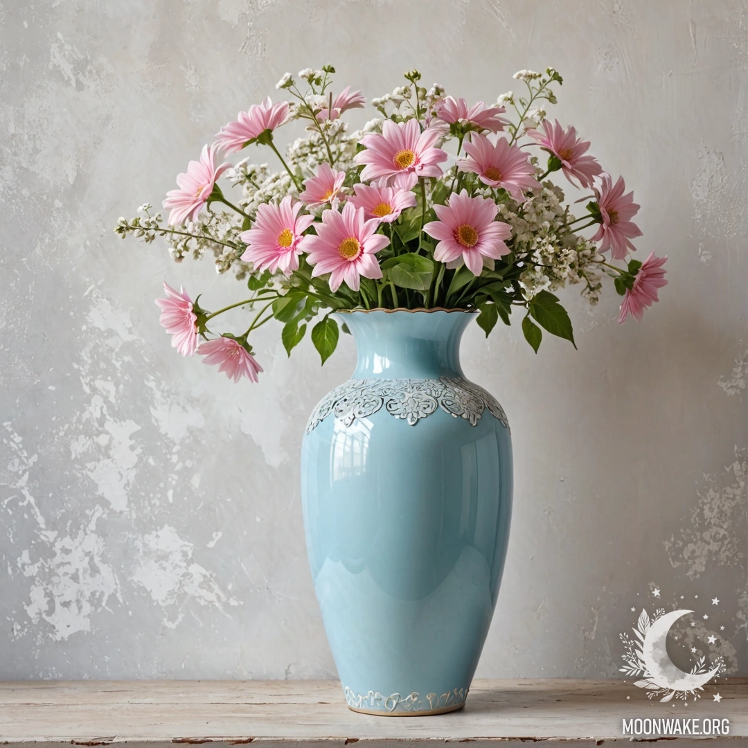 Потрепанная металлическая ваза пастельного голубого цвета, полная белых и розовых цветов на фоне белой стены, озаренной солнечными лучами.