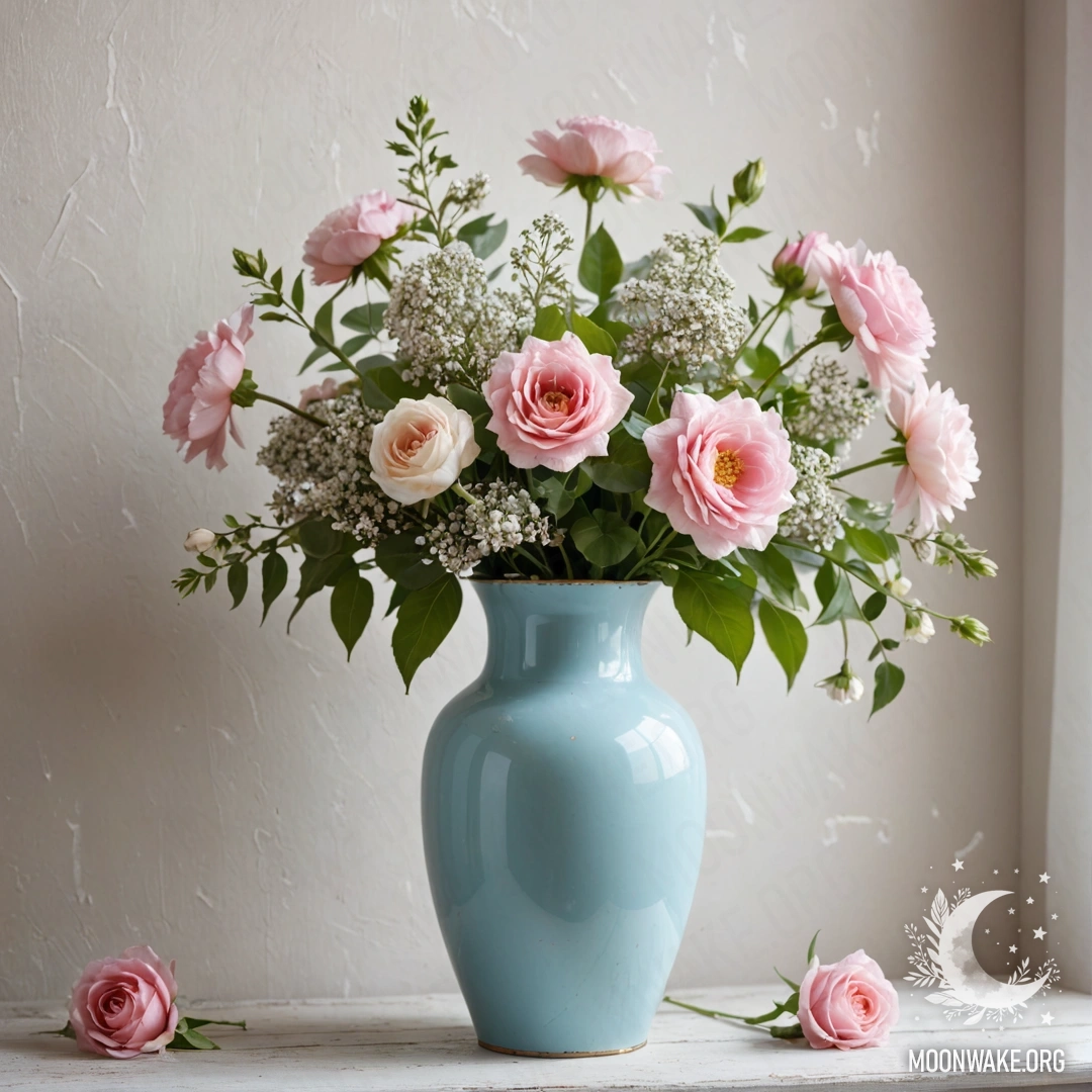 Потертую пастельную синюю вазу с белыми и розовыми цветами на фоне белой стены.