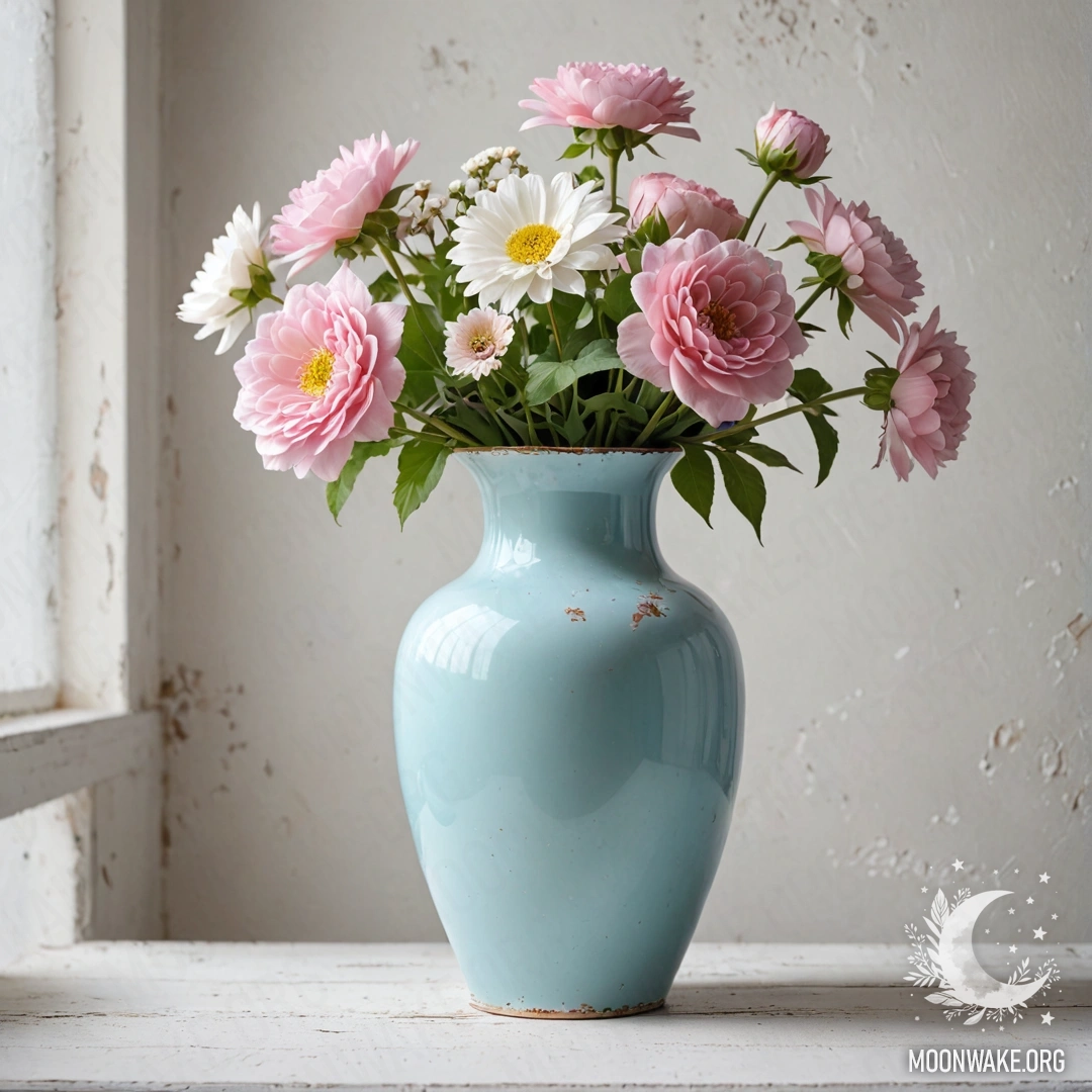 Потёртая пастельная голубая ваза с белыми и розовыми цветами на фоне обшарпанной белой стены.