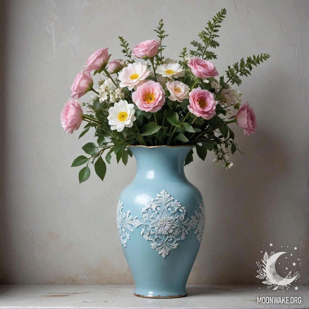 Старая пастельная голубая ваза с белыми и розовыми цветами на фоне обветшалой белой стены в ночное время.