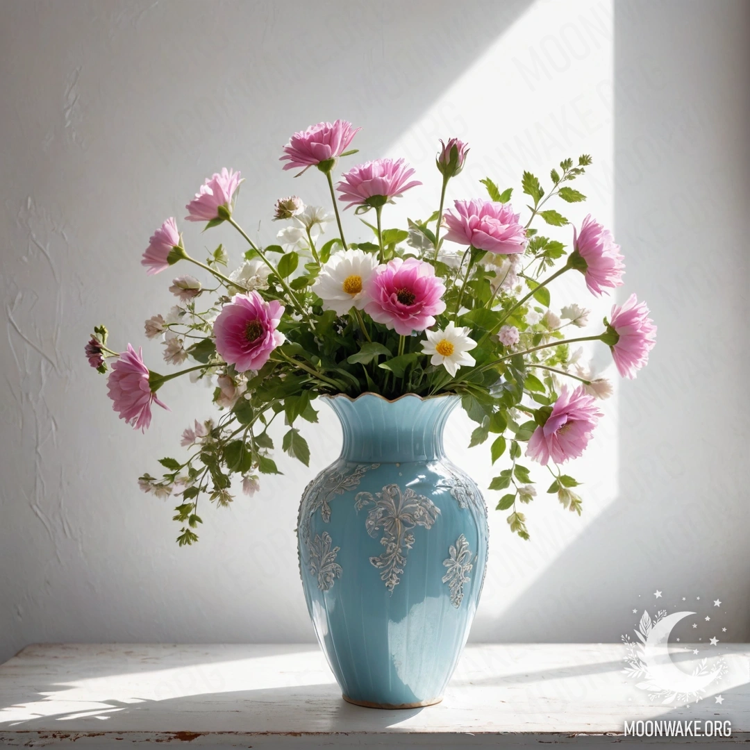 Старая пастельная голубая ваза с белыми и розовыми цветами стоит у потертой белой стены, залитая мягкими солнечными лучами.