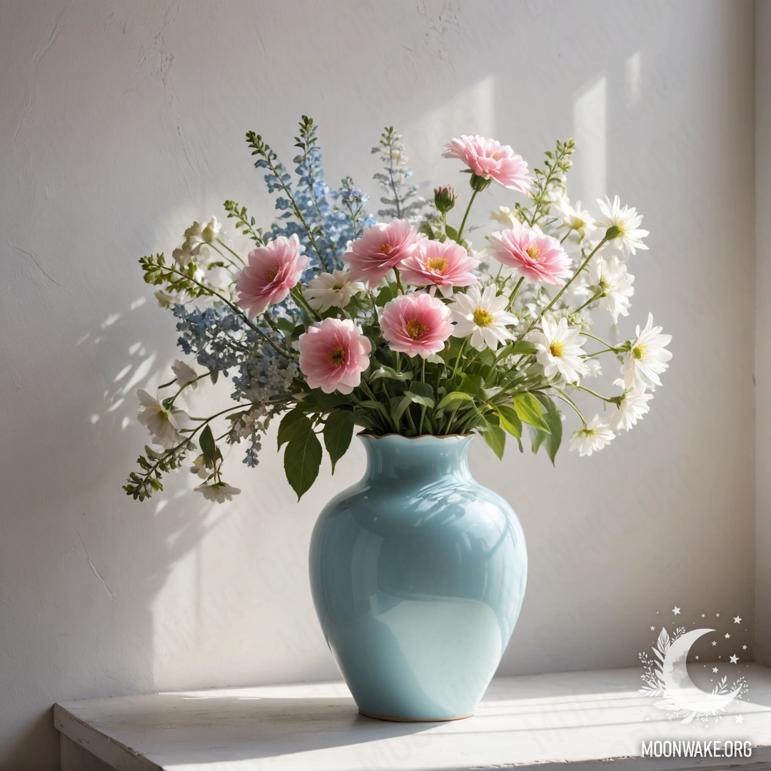 Старая пастельная синяя ваза с белыми и розовыми цветами на фоне обветшалой белой стены, залитая мягким солнечным светом.