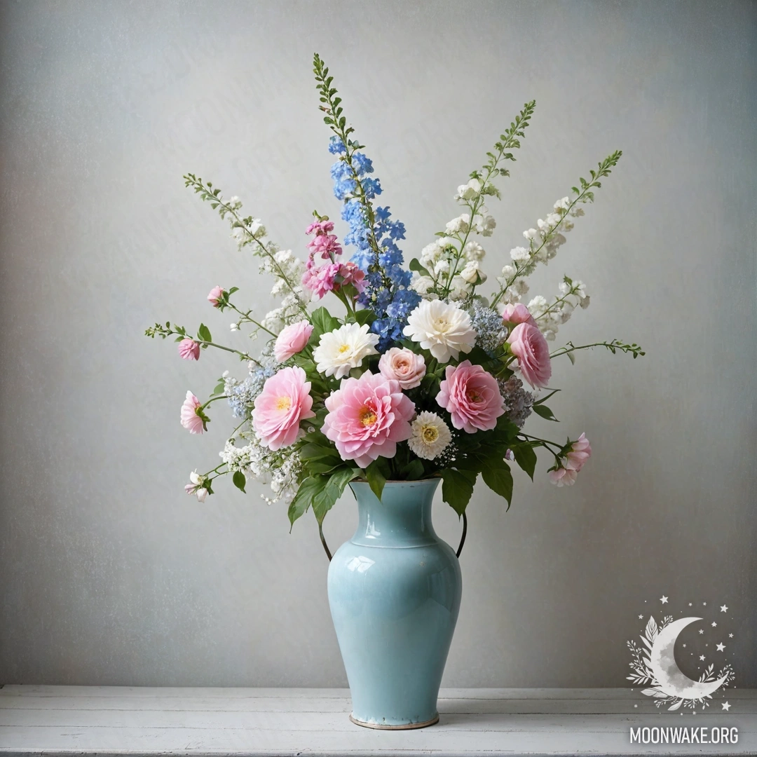 Абстрактная старая металлическая ваза пастельного голубого цвета с белыми и розовыми цветами на фоне обветшавшей белой стены, окутанной густым туманом.